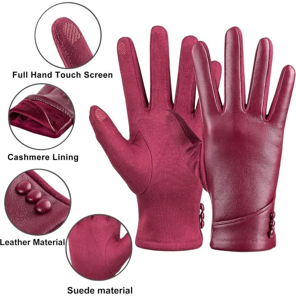 Women's Winter Leather Gloves Touch Screen Wool Lined Windproof Warm Suede Red